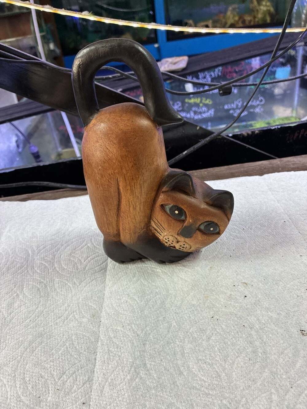 Vintage 7" Tall Cute Arched Back Brown Cat Hand Carved Solid Piece of Wood - ,
